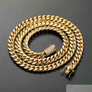 Collar de pulsera Hombres Mujeres Cadena de eslabones cubanos Hip Hop Chapado en oro de 18 quilates Cierre de seguridad doble con diamantes Conjuntos de joyería de alto pulido 10 mm Dhv1R
