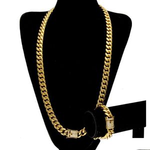 Collar de pulsera Conjunto de joyas de eslabones cubanos para hombre - Acero inoxidable chapado en oro de 24 quilates y con cierre de diamante Cadenas de bordillo de 10 mm / 14 mm Gota Dhl1N