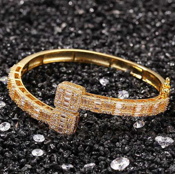 bracelet necklace mossanite 14K Or Hommes Dames Cubique Zircone Diamant Baguette Carré Bracelet Bracelet Ouverture Taille Hiphop Bijoux