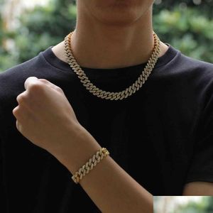 Armband Ketting Verklaring 12Mm Miami Cubaanse Link Chain Armbanden Set Voor Mannen Bling Hip Hop Iced Out Diamond Gold Sier Rapper Chai Dh2Ge