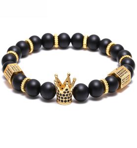 Bracelet Pave Black CZ Zirconia Goud King Crown Charmel Blacelet Men Stone Bead Braad Belet Valentine Mens sieraden Handmade6982687