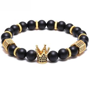 armband Pave Black CZ Zirconia Gold King Crown Bedelarmband Mannen Stone Bead Armband valentijn heren sieraden handgemaakte241I