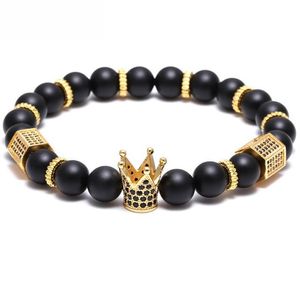 Pulsera Pave Black CZ Zirconia Gold King Crown Charm Pulsera Hombres Pulsera de cuentas de piedra joyería para hombre de San Valentín hecha a mano3006