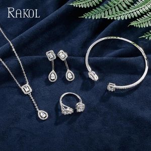 Bracelet Rakol à la mode carré collier boucles d'oreilles ensemble pour femmes goutte d'eau cubique zircone bijoux de mariée ensembles Pendientes Mujer Moda