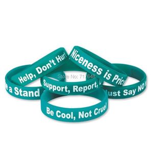 Bracelets 100pcs Informe de soporte antibullying Defiende ser genial No cruel, tome un soporte y sostenga una amortiguación de la mano de pulsera de silicona de la mano