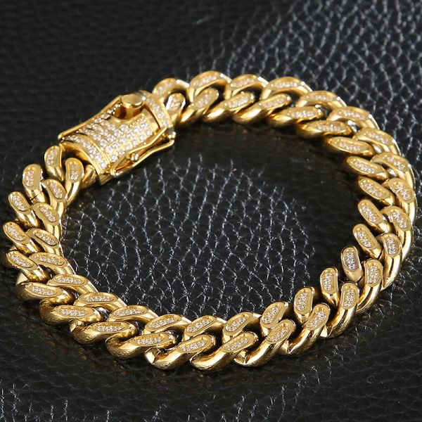 Bracelets 12 mm pour hommes Miami Bracelet Cuban Bracelet Man Hip Hop Chain Bracelets à la main Iced Out Curb Cuban Gold plaqué en acier inoxydable brassard