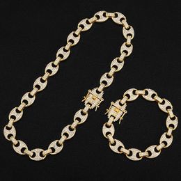 Bracelets 1kit 13 mm Bling Coffee Bean glacé sur le nez de cochon CZ Rhingestone Link Link Chain Colliers Bracelet for Men Hip Hop Bijoux