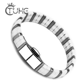 Bracelets 2019 Fashion Men Bracelet Bracelet Pulseira Feminina Black White Color Bracelet en céramique en acier inoxydable avec fermoir Bijoux