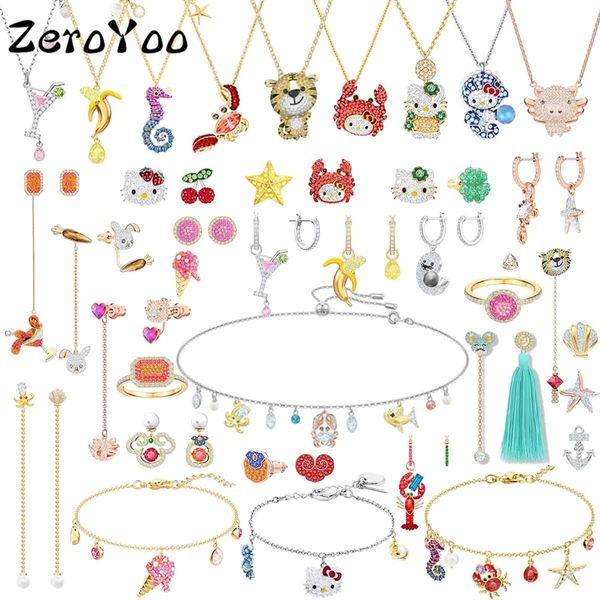 Pulseras 2023 Cisne Conjunto de joyería de moda Encanto Lindo Gato Cerdo Diy Espumoso Cristal Nombre Collar Señoras Pendiente Pulsera Regalo romántico