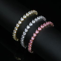 Bracelets 2024 Hip Hop Iced Out Bling Bling White Pink Cumbic Zircon Coeur Sheet Tennis Chaîne Bracelets Bangle Women Mens Punk Party Bijoux Gift