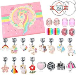 Bracelets 24 pièces dessin animé rose licorne bracelet ensemble bricolage enfants bijoux pendentif perlé 2023 calendrier de l'avent de noël boîte-cadeau pour fille