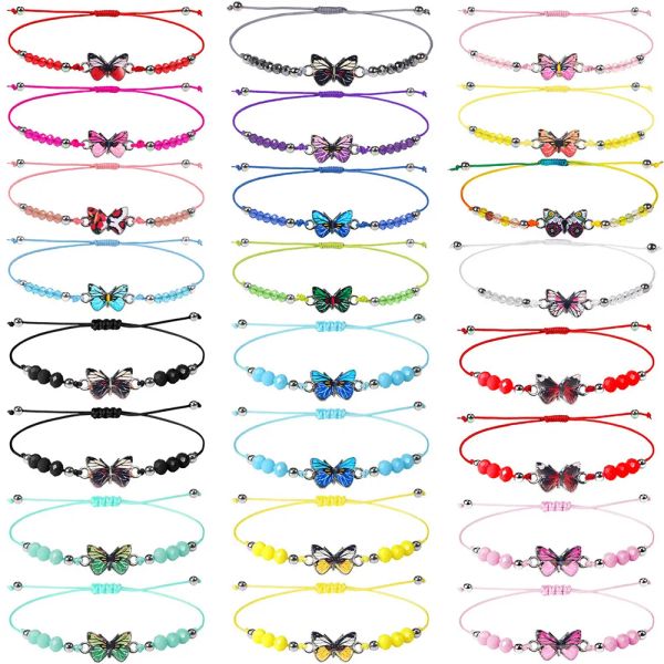 Bracelets 24pcs / lot en gros New Shining Crystal Butterfly Bracelet For Women Girls Friendship Rope Party Classic Bijoux fait à la main Gift