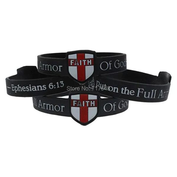 Pulseras 300 piezas Ponte la armadura completa de Dios Efesios Escudo de fe Una espada y casco Pulseras de goma negras Pulseras de silicona