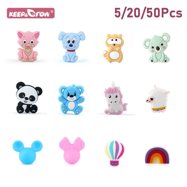 Bracelets 5/20 / 50pcs Perles de silicone animale Unicornes Koala chaton bpa bébé dentition gratuits