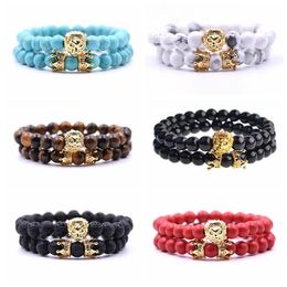 Armbanden 5 stks/partij Qimoshi 2 stks Natuurlijke leeuwenkop Kroon Steen 8 MM Stretch Charka Charms Armband Armbanden voor Vrouwen mannen Liefde