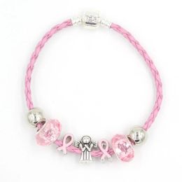 Bracelets 6 pièces nouveaux bijoux de sensibilisation au Cancer du sein, perle européenne ruban rose Bracelet Cancer ange rose ruban Bracelets