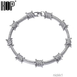 Bracelets 8mm Bracelet de fil de fer barbelé glacé en or blanc couleur sur cubique Zircon chaîne cubaine lien pour femmes hommes Hip Hop bijoux 77J1