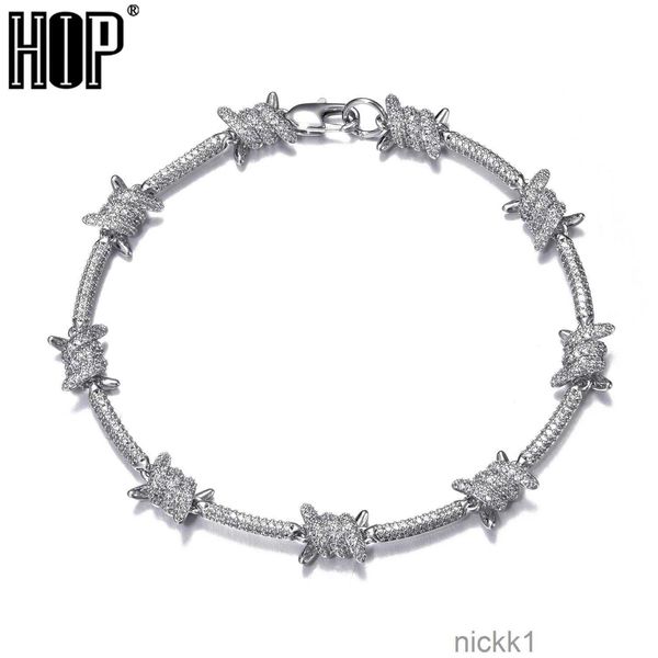 Pulseras Pulsera de alambre de púas helada de 8 mm en color blanco dorado con circonita cúbica Eslabón de cadena cubana para mujeres Hombres Joyería de hip hop 77J1