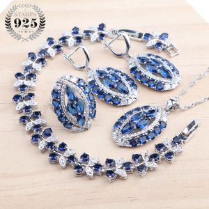 Bracelets 925 Ensemble de bijoux nuptiaux en argent Zircon bleu pour femmes bagues de boucles d'oreilles Collier de mariage Bracelets
