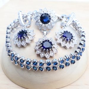 Armbanden 925 zilveren sieraden sets bruids blauw kubieke zirkonia bruiloft armbanden ringen oorbellen hanger ketting voor vrouwen set sieraden