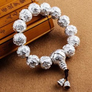 Bracelets 999 Bouddha argenté sterling perle des bracelets pour hommes et femmes Sixcacter proverb Retro Couple Round Bead Gift pour les proches