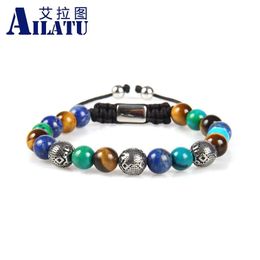 Bracelets Ailatu 10 pièces bracelet à billes en acier inoxydable de marque pour hommes avec pierre naturelle et perles de bois service de logo gratuit de qualité supérieure