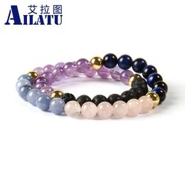 Bracelets Ailatu Bijoux En Gros 10 Pièces/lot 8 mm Naturel Violet Cristal Bleu Oeil De Tigre Pierre Double Couche Bracelet Enveloppant Pour Hommes