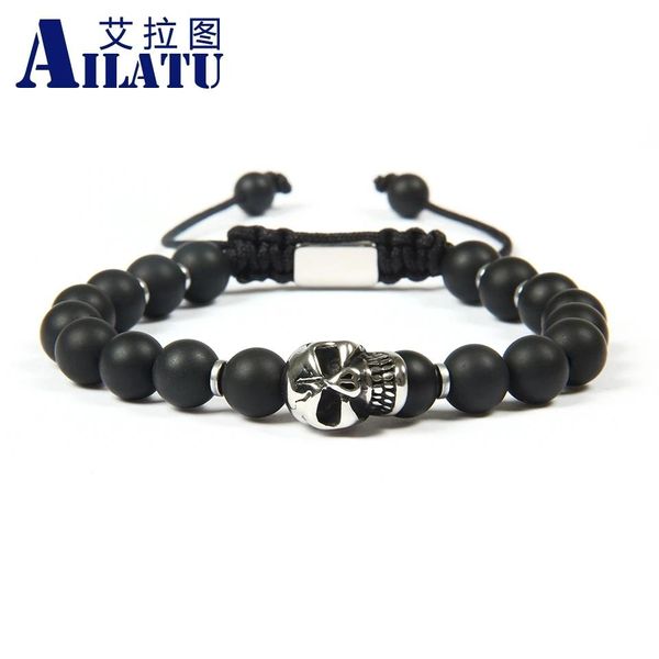 Pulseras Ailatu joyería al por mayor 10 unids/lote 8mm cuentas de piedra de ónix mate con pulseras de macramé de calavera masculina de acero inoxidable joyería para hombres