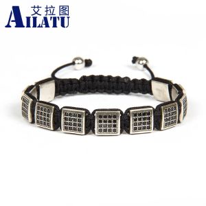 Pulseras Ailatu Joyería para hombre Venta al por mayor Color antiguo Micro Pave Black CZ Flatbed Macrame Sqaure Pulsera Tamaño y estilo personalizables