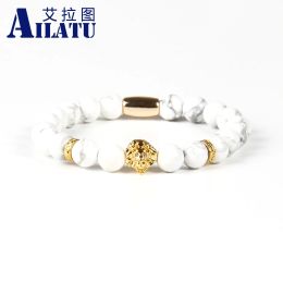 Bracelets Ailatu Nouveau design en gros de 10pcs / lot 8 mm en marbre blanc perles en pierre avec bracelet à tube à tête de lion cz plaqué Goldcolor