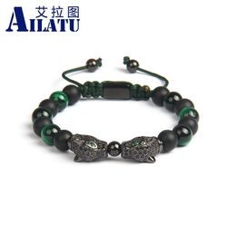 Armbanden Ailatu Nieuwe Dubbele CzLeopard Armbanden Groothandel 8mm Natuurlijke Matte Onyx Groene Tijgeroog Steen Heren Panther Macrame sieraden