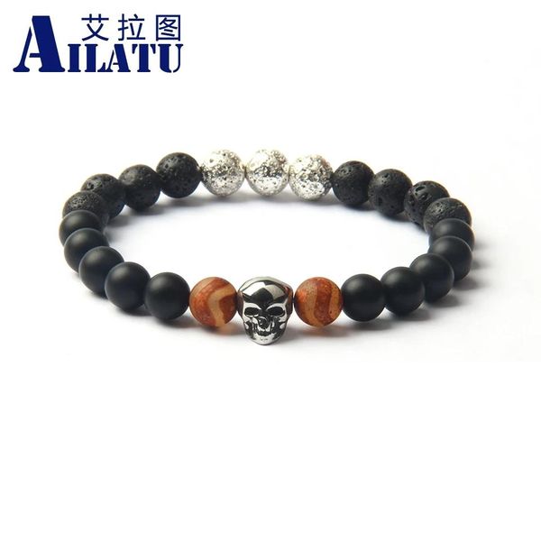 Pulseras Ailatu, nuevas pulseras energéticas con cabeza de calavera de acero inoxidable, cuentas de piedra de Lava de ónix mate Natural, pulsera Masculina, joyería para hombres