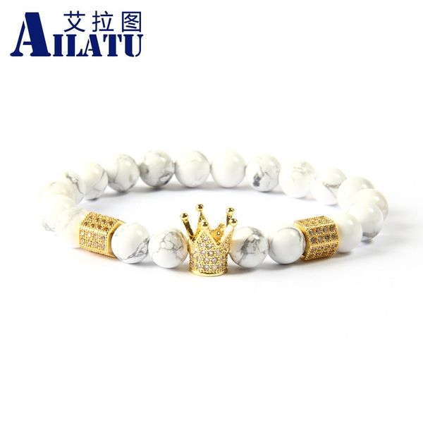Bracelets Ailatu – bijoux puissants pour hommes, perles en pierre de marbre blanc de 8mm, avec bouchons de couronne impériale en Cz transparent, vente en gros