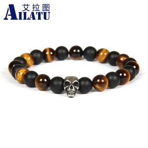 Bracelets Ailatu vente en gros 10 pièces/lot bracelet de perles de crâne en acier inoxydable avec onyx mat naturel de 8mm et pierre d'oeil de tigre ne se décolore pas