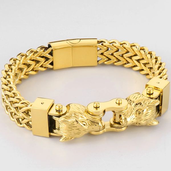 Braceletas Pulsera de cabeza de lobo animal para hombres Color de oro Acero inoxidable de 12 mm de ancho Cadena de bicicletas franco de bicicletas para hombres Joyas vikingo