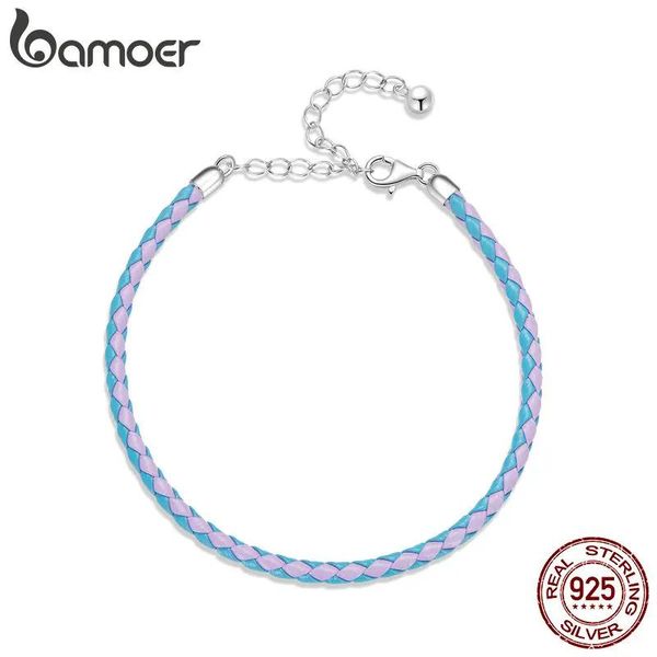 Pulseras Bamoer Sterling Sier Pulsera de cuero simple ajustable para mujer Joyería fina Pulsera básica azul rosa Cuerda Regalo SCB243