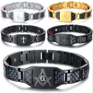 Pulseras Pulsera magnética negra Hombres Cadena de mano de acero inoxidable 316L Salud masónica Pulseras de identificación punk Fibra de carbono Grabado personalizable