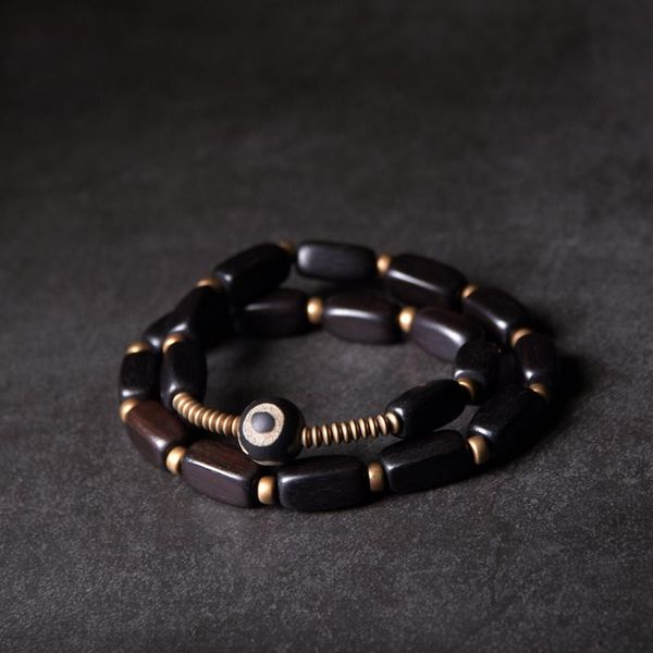 Pulseras Tira de madera negra Pulsera multicapa de cobre étnico Ébano Antimal de ojo Joyería de Nepal para hombres Mujeres OM Brazalete de dos filas Regalo