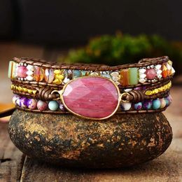 Bracelets bohème en pierre de ligne rouge naturelle, tressé à la main en cuir perlé, Bracelet multicouche bohème pour femmes