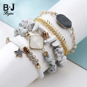 Bracelets Bojiu 5 pièces/ensemble pendentif étoile noire puces Howlite blanche Bracelet élastique chaîne en os de poisson doré Bracelets Druzy gris naturel BCSET31