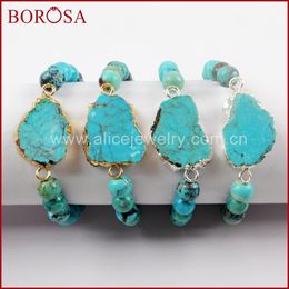 Bracelets BOROSA couleur or 100% tranche de Turquoises naturelles avec perles de 8mm Bracelet réglable G1625