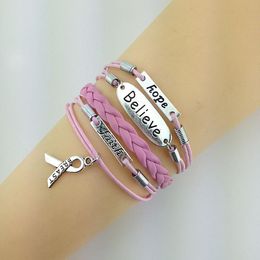 Bracelets Livraison gratuite ! Bracelet multi-tissé en cuir rose, sensibilisation au cancer du sein, Hope Believe Faith, vente en gros