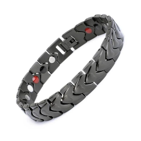 Pulseras Joyería de cadena Germanio negro 12 mm de ancho Imán de acero inoxidable Piedra de turmalina roja Pulsera de hombre Muti Heart