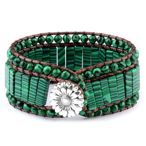 Bracelets Chanfar Style de vente chaude Stone malachite Pierres en cuir double bracelet Bracelet en acier inoxydable en acier inoxydable pour hommes et femmes