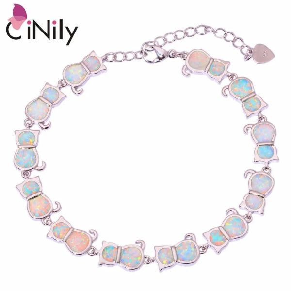 Bracelets Cinily créé le feu blanc opale argenté plaqué grosse charmant chat mignon pour femmes bracelet de chaîne-cadeau de bijoux 7,5 