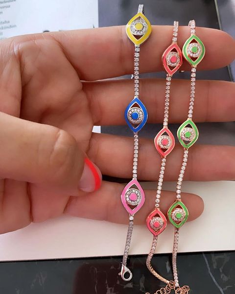 Pulseras coloridas de moda para mujer, joyería encantadora, diseño de mal de ojo turco de la suerte, pulsera con dije de ojo esmaltado de neón, 15 + 4cm