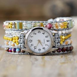 Bracelets créatifs 5 brins de sédiments de mer pierres de jaspe cristal montre à quartz enveloppement perlé montre-bracelet bracelet femmes soeur bohême bijoux