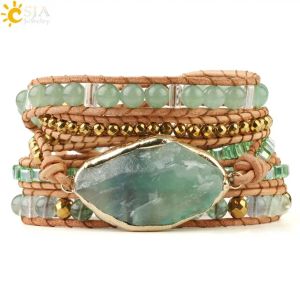 Bracelets CSJA Boho Naturel Stone Bracelet tressé pour les femmes Berles d'aventurine vertes Boulanges bracelets à la main
