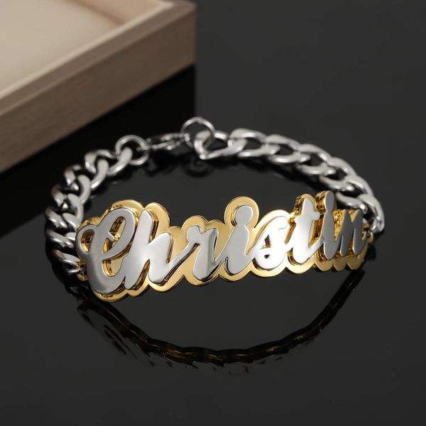 Pulseras Pulsera con nombre personalizado Pulseras chapadas dobles Cadena de acero inoxidable Hip Hop Regalo de Navidad Mujeres Hombres Regalos del día de San Valentín