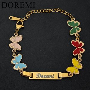 Pulseras DOREMI Goteando Aceite Esmalte Mariposa Encantos Acero Inoxidable Grabar Pulsera Personalizada Mariposa Recién Nacido Pulsera